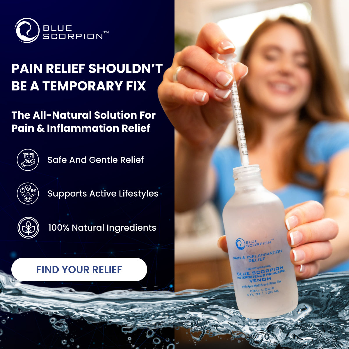 Woman holding a syringe over a bottle labeled 'Blue Scorpion Venom' for pain relief.