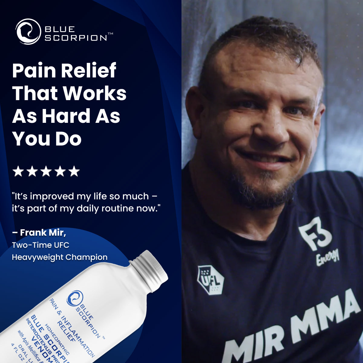 Woman holding a syringe over a bottle labeled 'Blue Scorpion Venom' for pain relief.